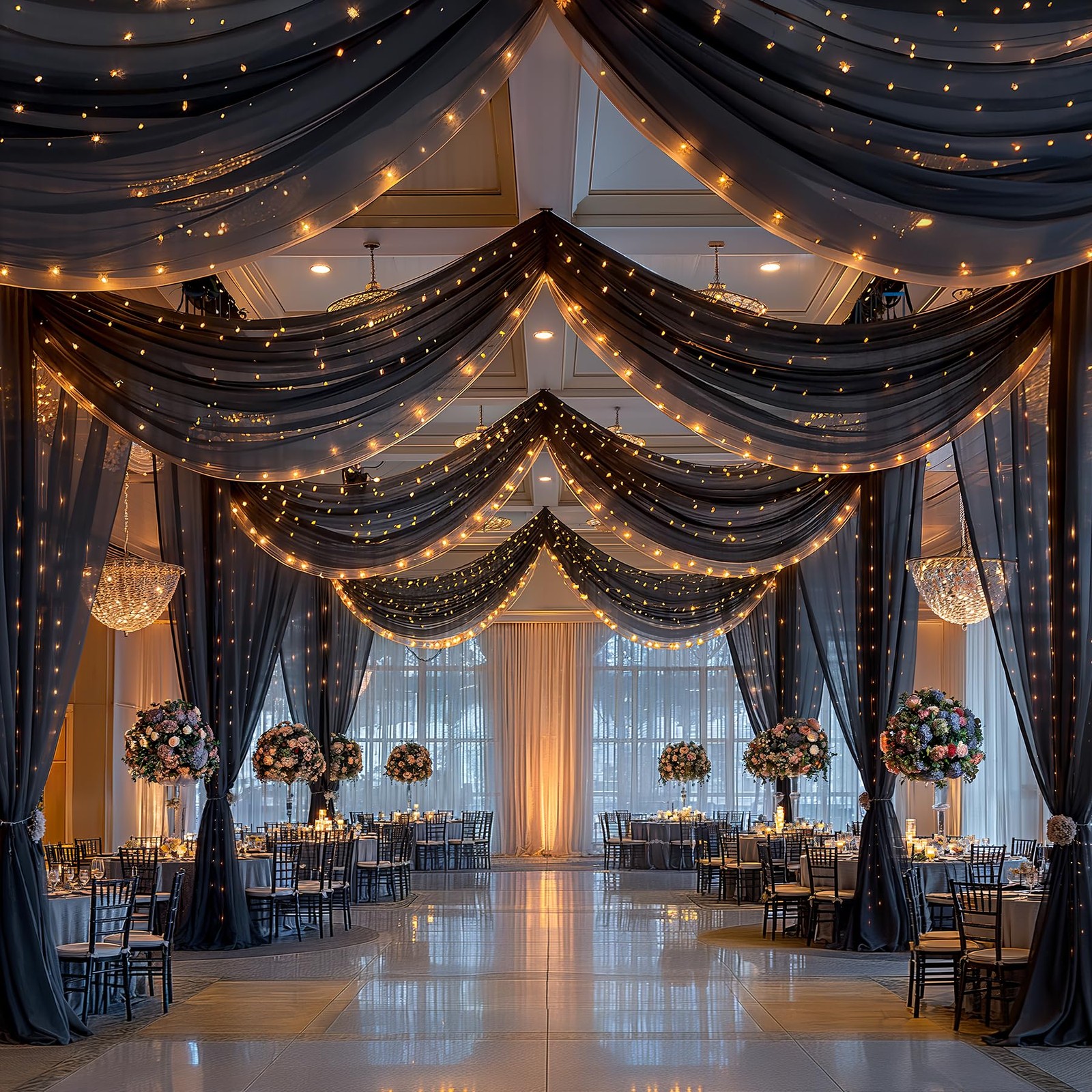 Black Ceiling Drapes with Lights String 6 Panels 5ftx10ft Sheer Tulle Backdrop