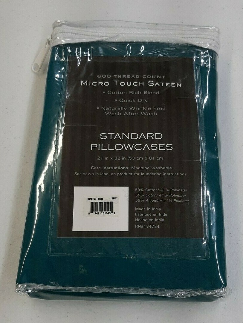 Micro Touch Sateen 600 Thread Count Standard Pillowcases NEW Teal