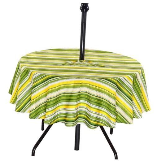 60 Inches Round Outdoor Tablecloth with Umbrella Hole 60" (Round) Green Stripe