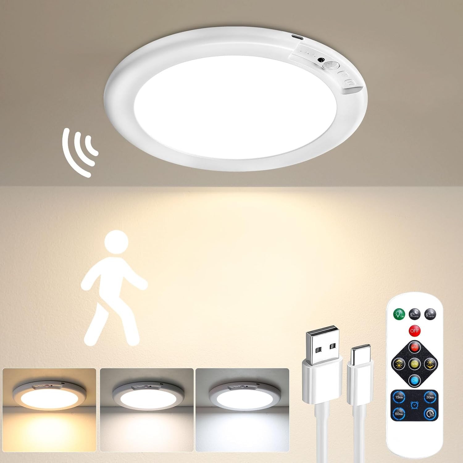 Rechargeable Motion Sensor Ceiling Light with Remote - Wireless Ceiling Light