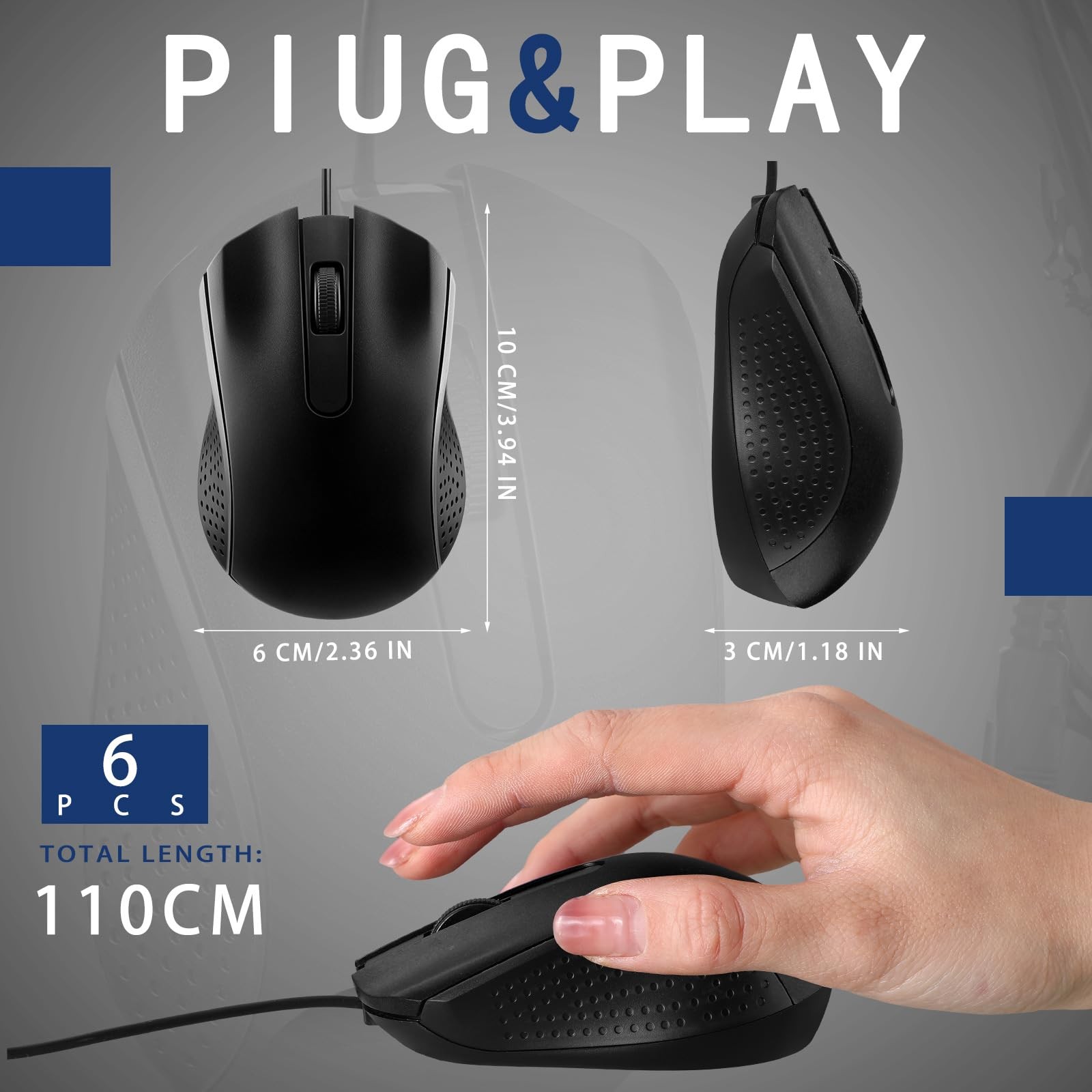 6 PCS Black Wired USB Computer Mouse Bulk 3 Button Corded Mice PC Laptop