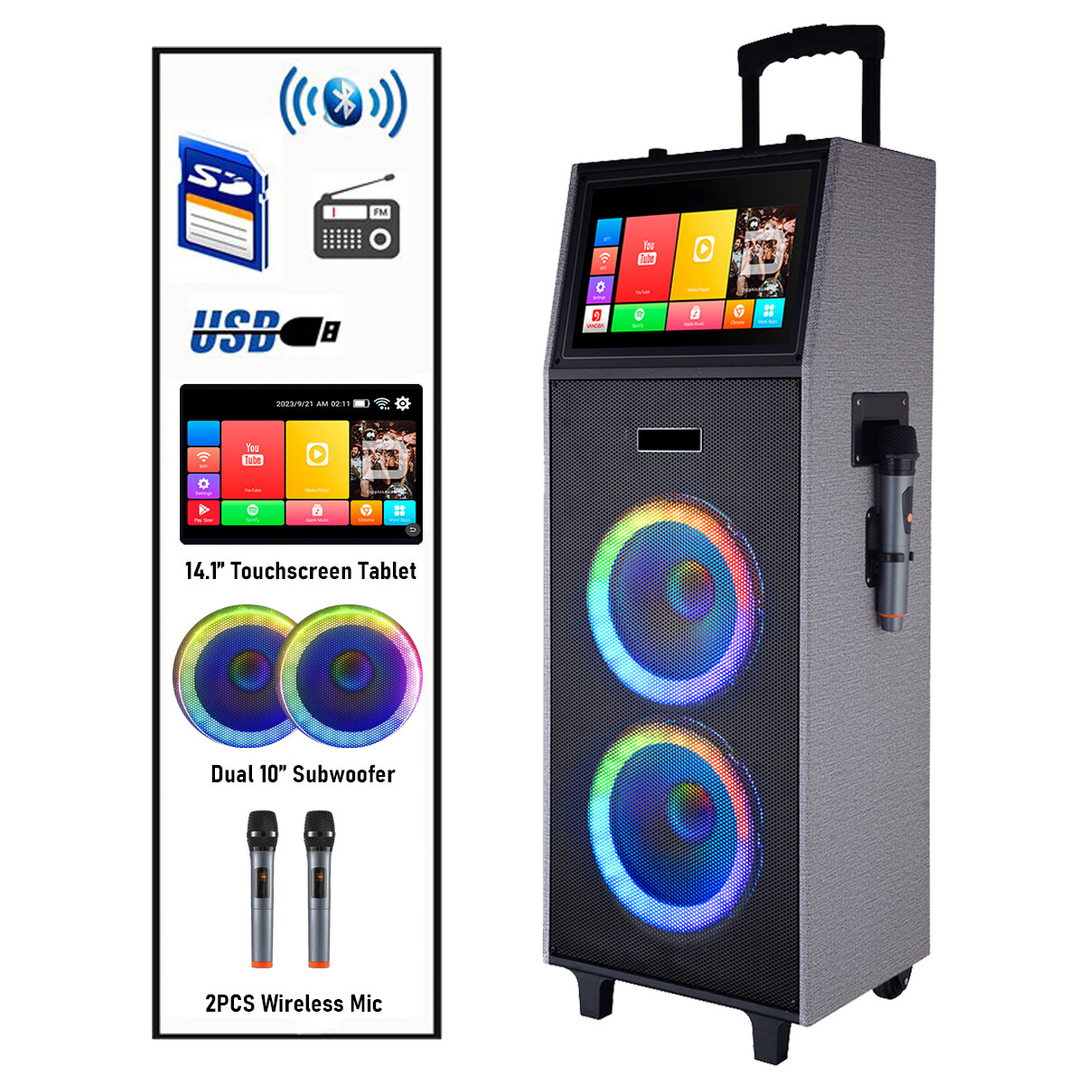 Dual 10" Woofer Speaker Rechargeable Karaoke Machine w/2 Wireless Mic Led Screen