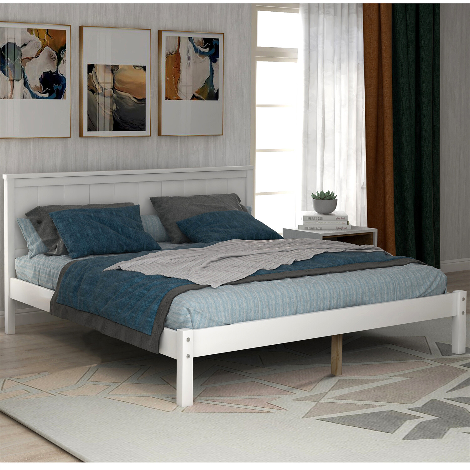Full Size Bed Frame Wood Platform Bed with Headboard Wood Slat Support White