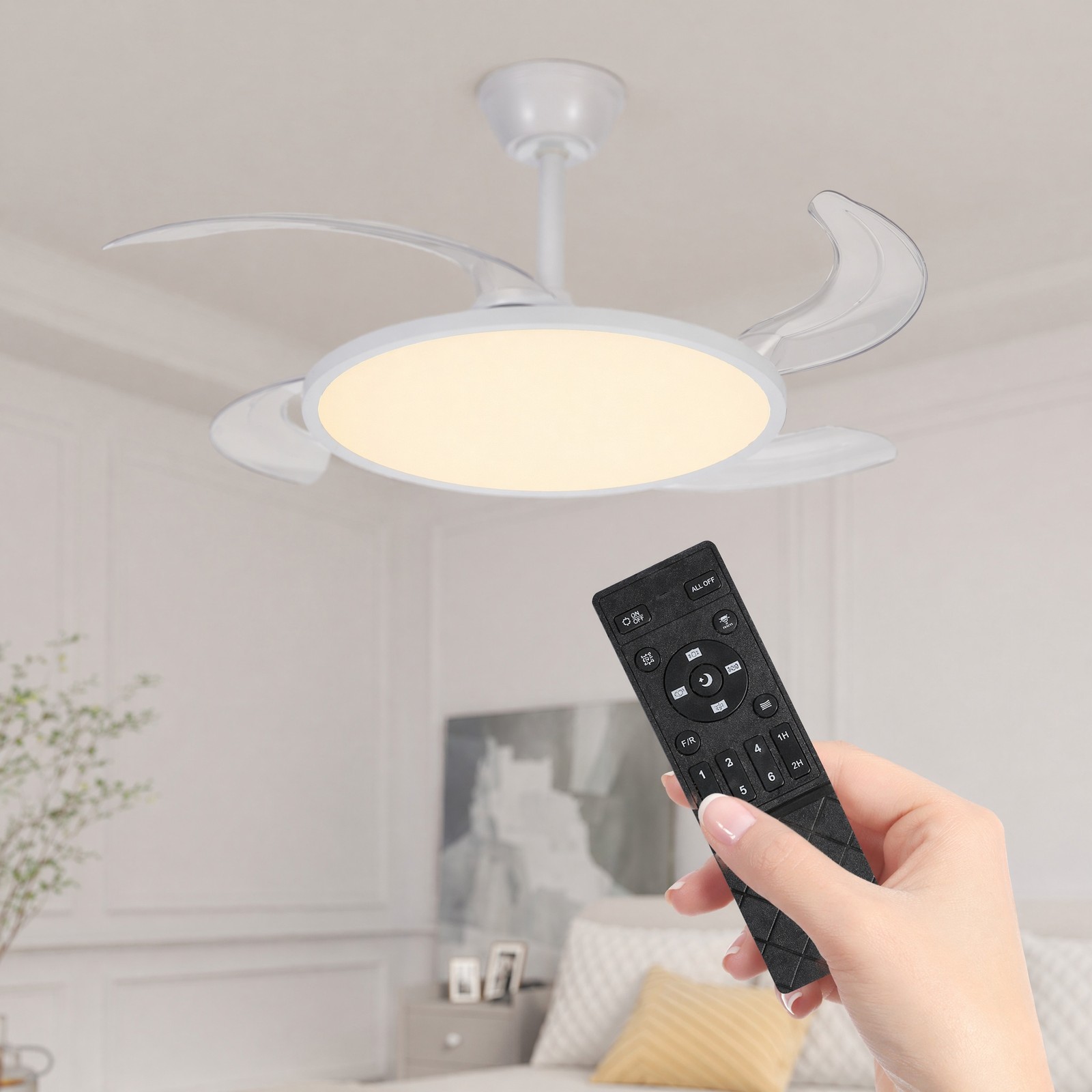 42 inch White Low Profile Retractable LED Ceiling Fan Remote Control with Light