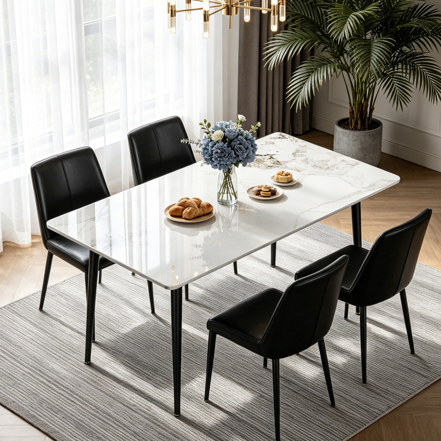 Kitchen Marble Dining Table with Tapered Metal Legs Pairs Dinner Chairs Backrest