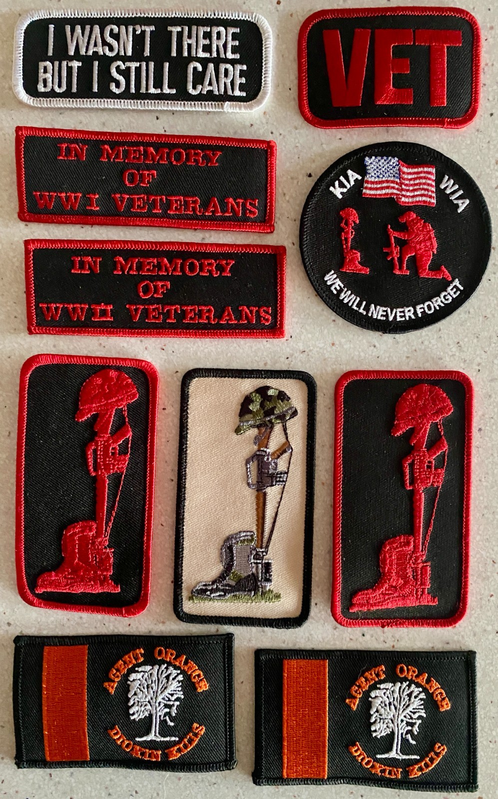 Lot of 10 Biker Military Patches Vietnam Veteran Memoriam Embroidered Red Black
