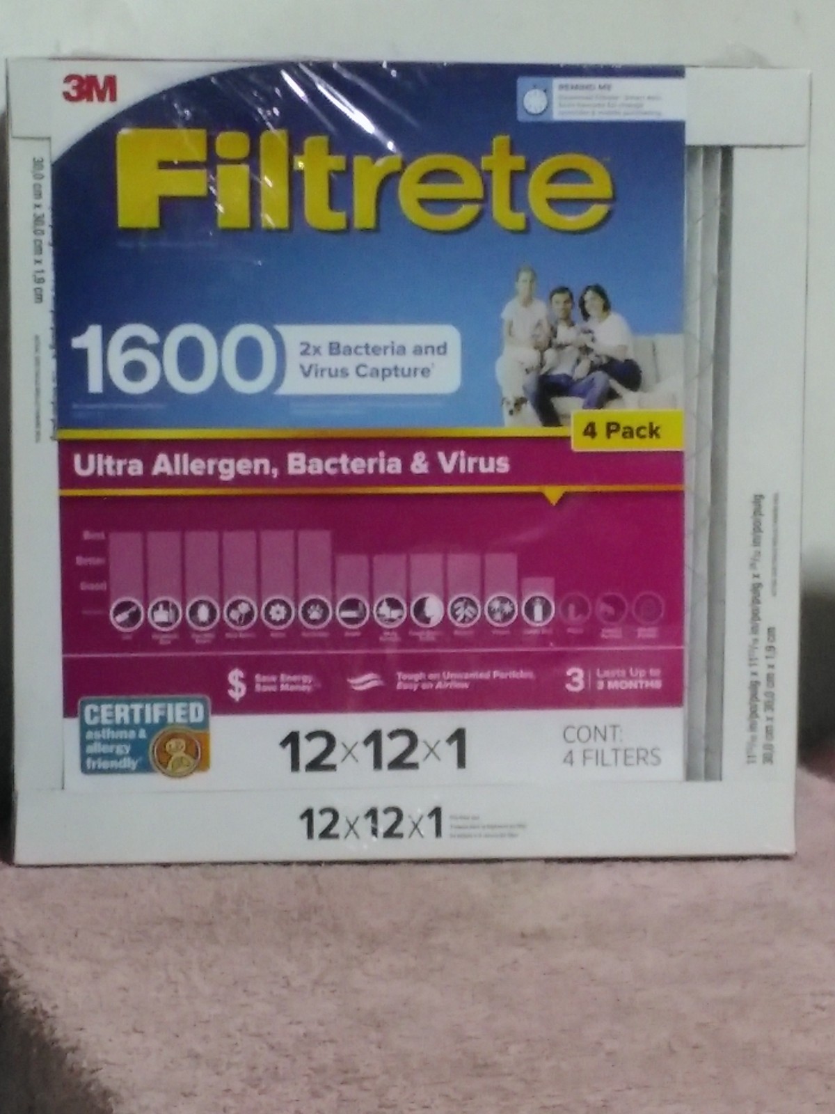 Filtrete Ultra Allergen 2X Bacteria and Virus Filter, 12x12x1 1600 MPR, 4 Pack
