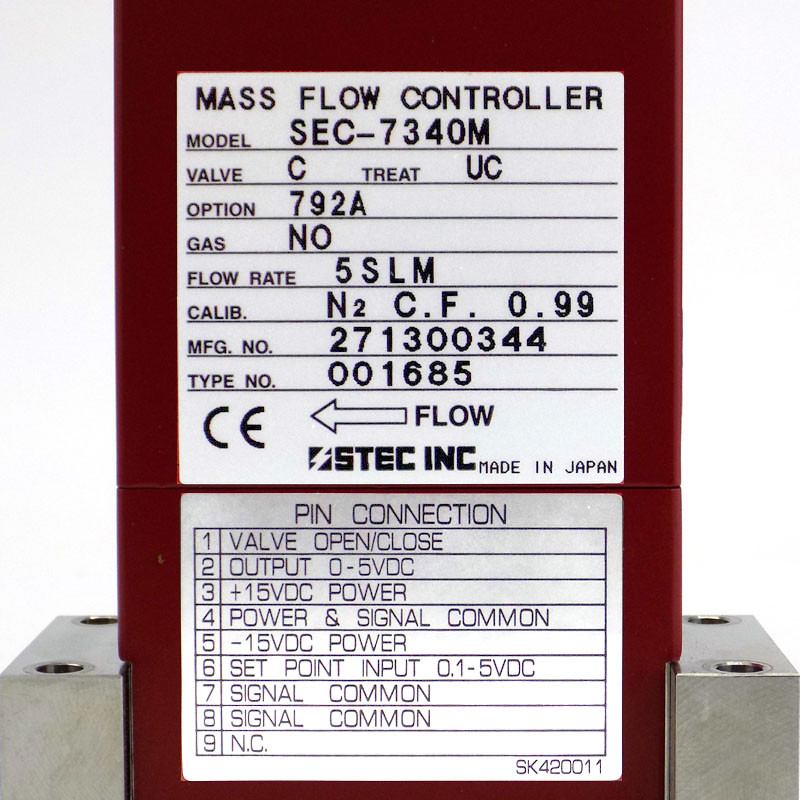 Stec SEC-7340M Mass Flow Controller MFC w/opt 792A, 5 SLM, NO (Nitric Oxide) Gas