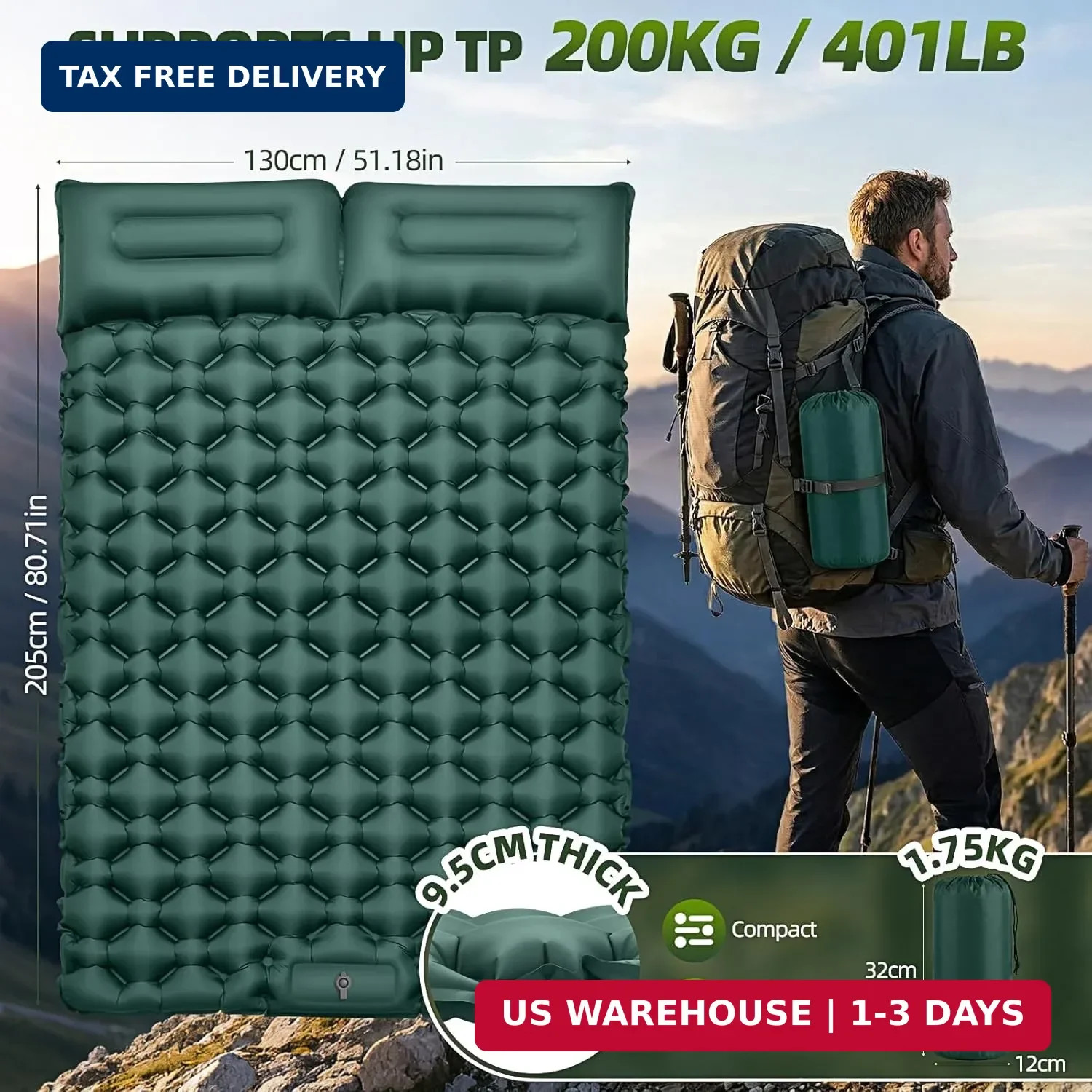 Double Camping Sleeping Pad, 4" Extra Thick 2 Person Inflatable Sleeping Pad