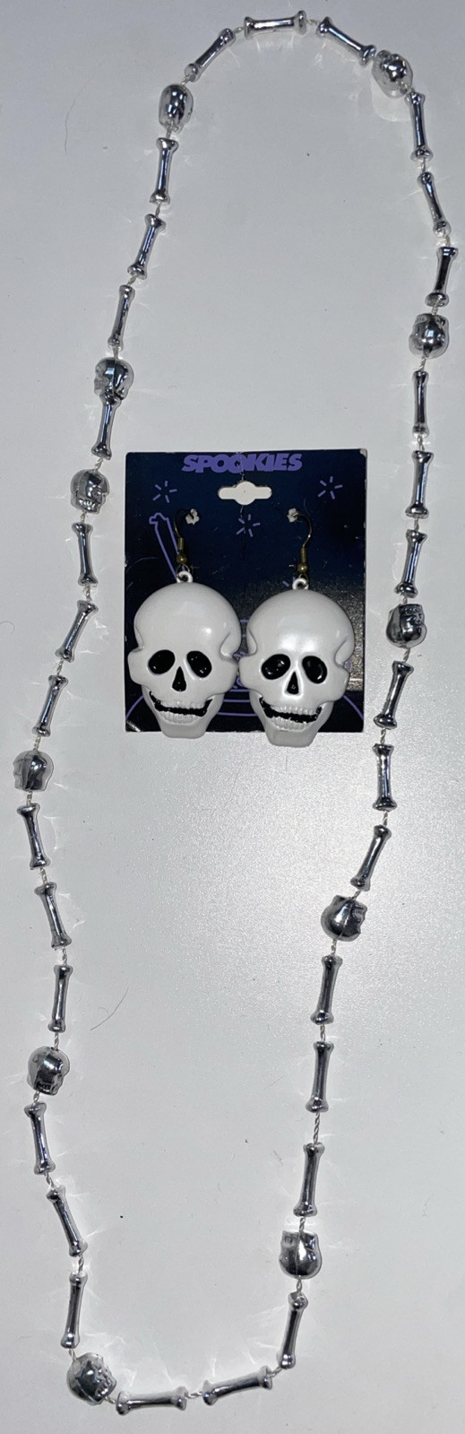 SKELETON SKULL EARRINGS & BONE/SKULL NECKLACE HALLOWEEN ACCESSORY FUN