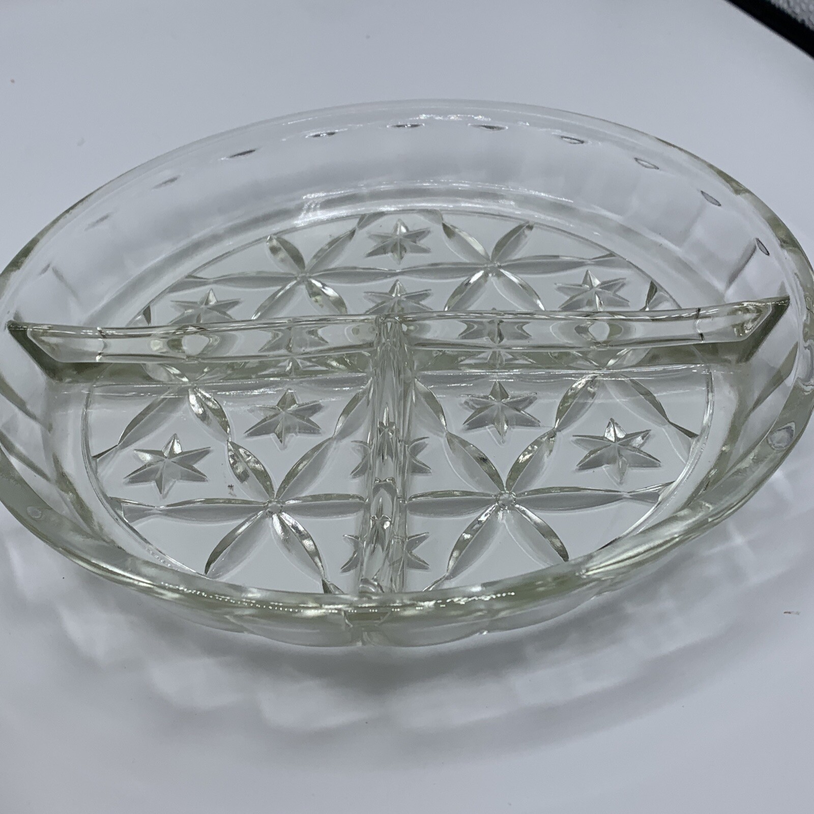 Vintage Three Part Divided Relish Dish, nut dish Star Pattern