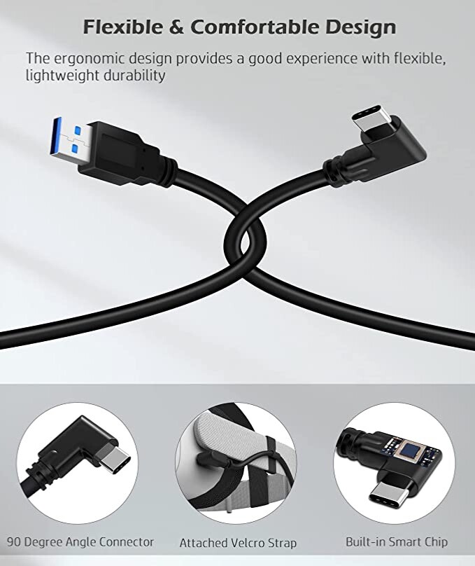 20ft Link Cable for Oculus Quest. USB-A to Right Angle USB-C