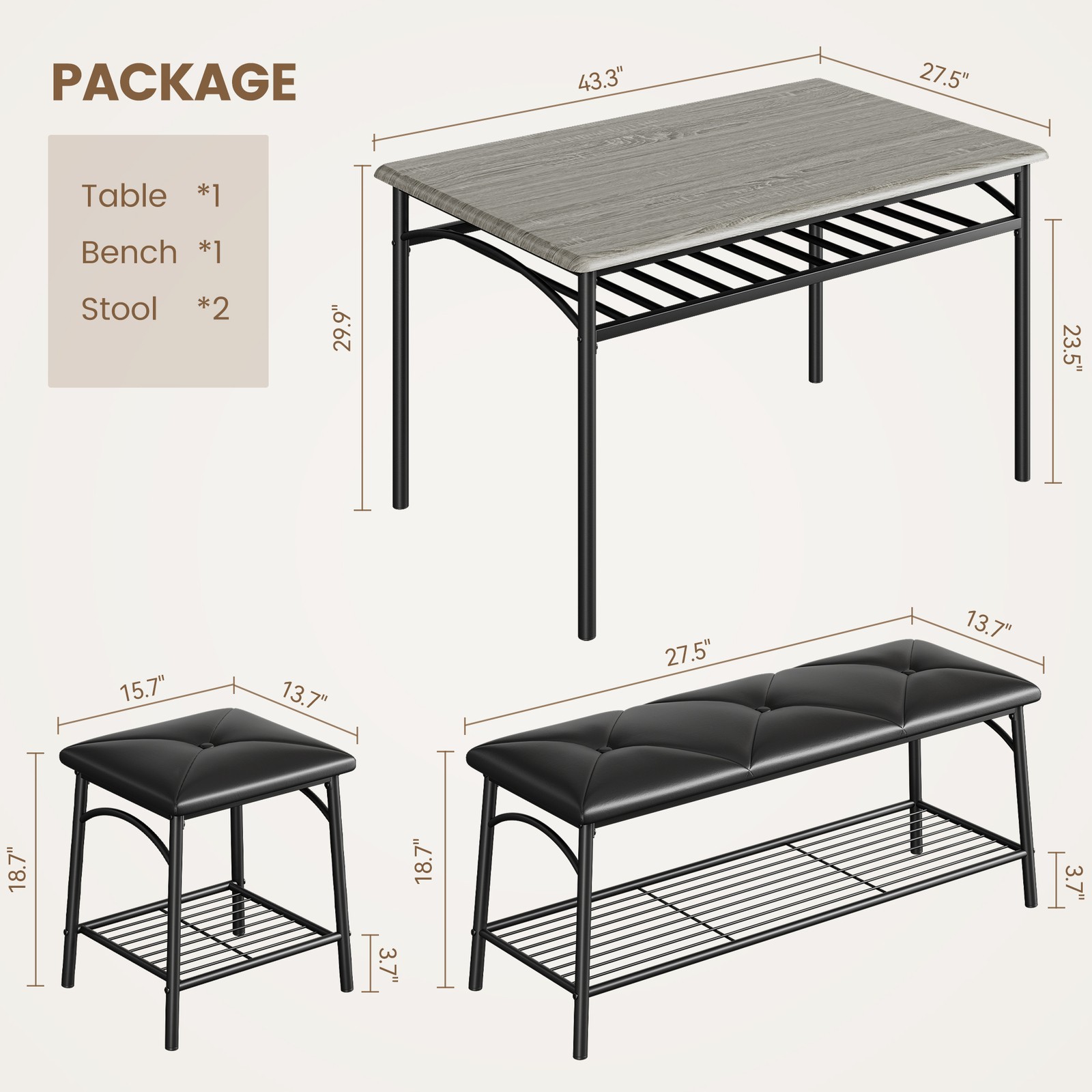 Kitchen Dining Table Set Dining Wood Table with Bench ＆ 2 stool for Home