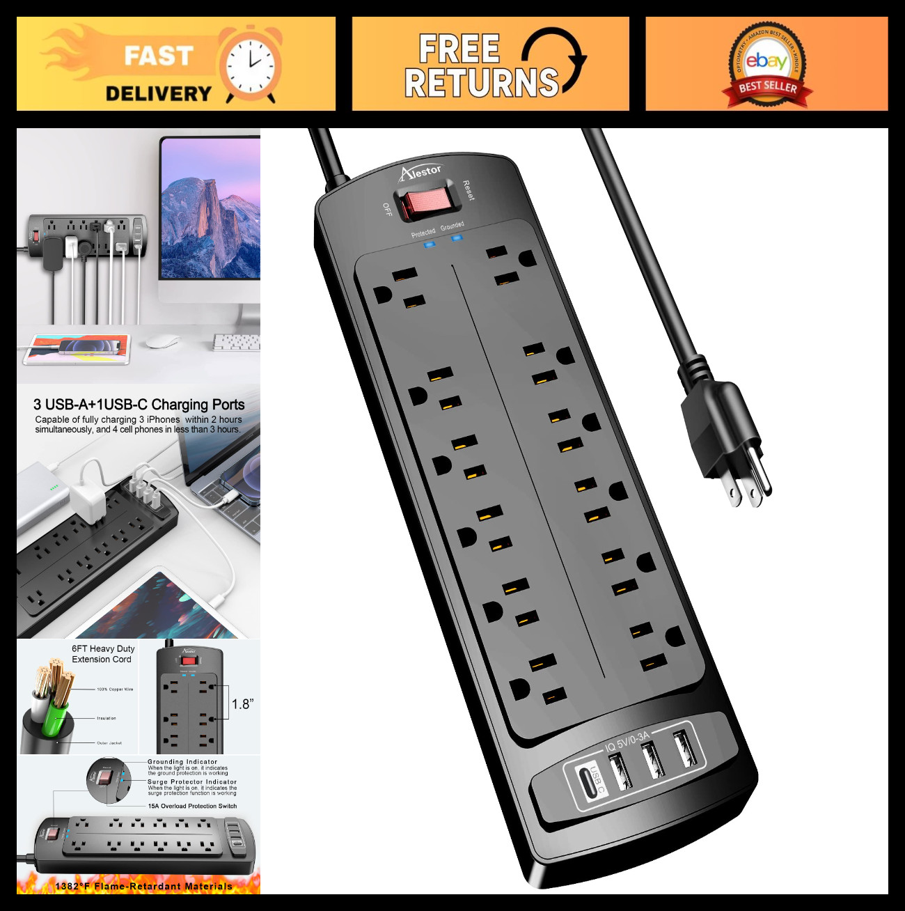 12-Outlet Power Strip Surge Protector with 4 USB Ports, 6ft Cord, 2700 Joules