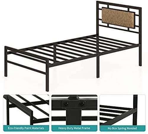 Twin Size Metal Bed Frame Upholstered Headboard with Strong Metal Slat Black