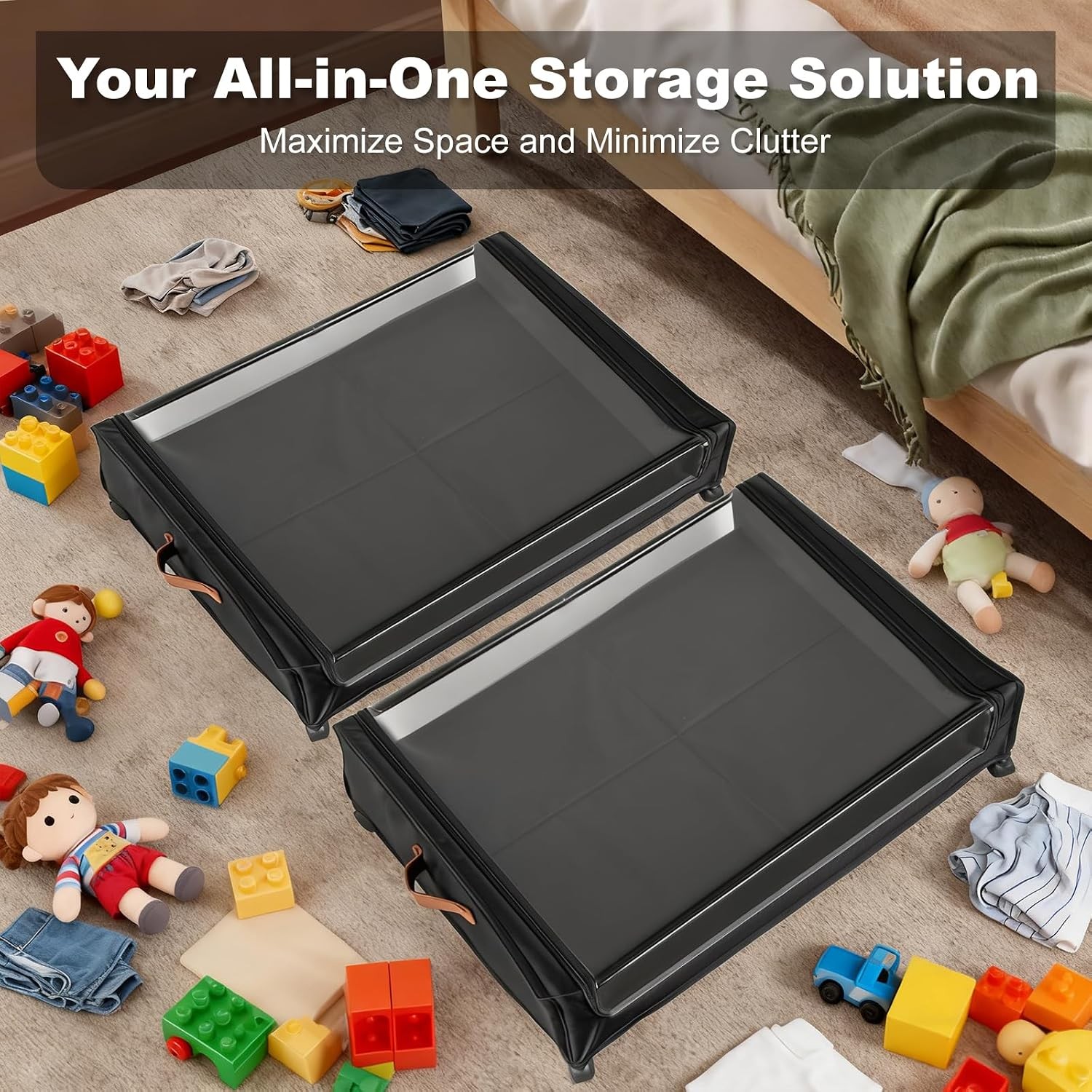 80L 2-Pack Under Bed Storage w/Wheels, Clear Lid, Black