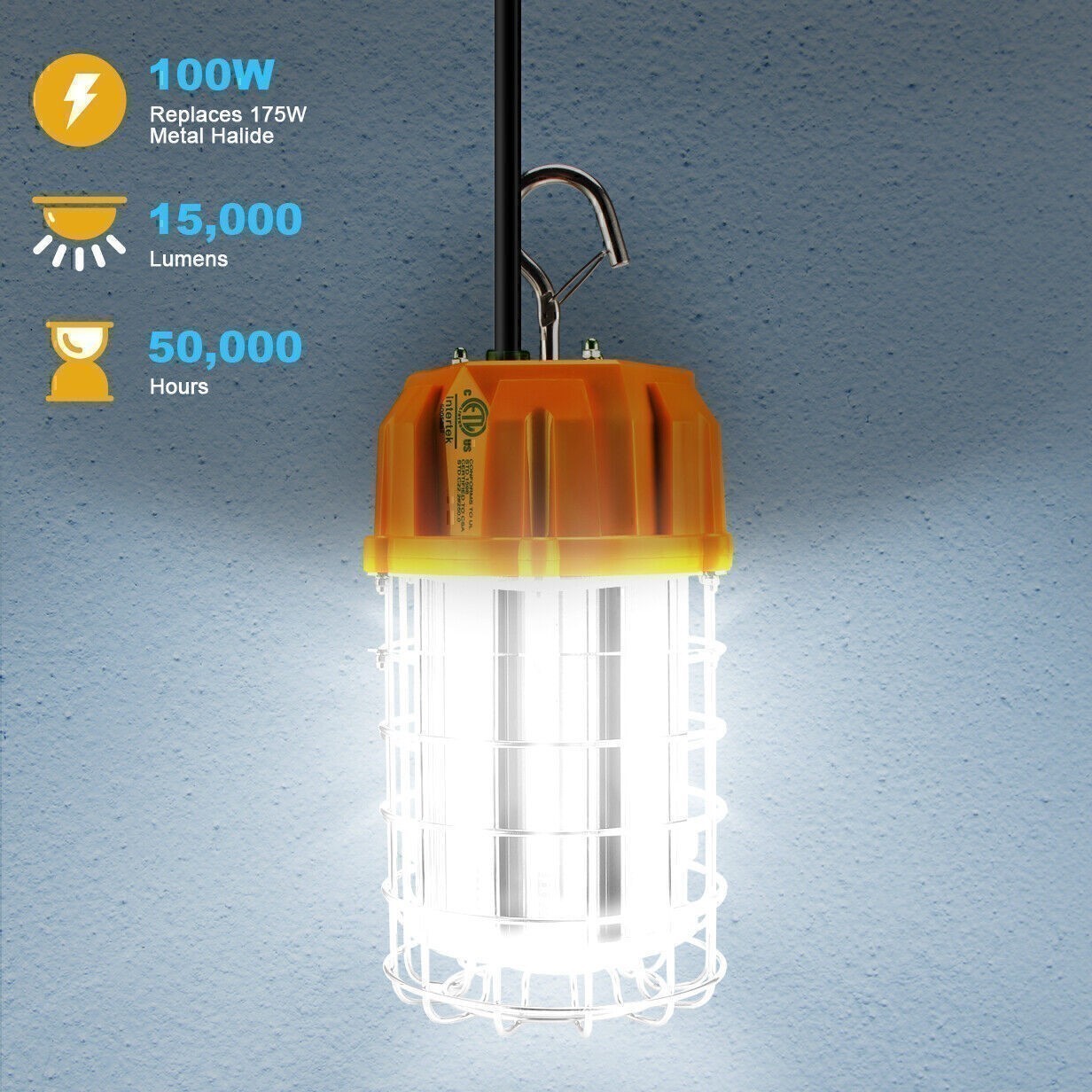 Portable LED Temporary Work Light 100W Industrial Construction Hanging Lamp Plug