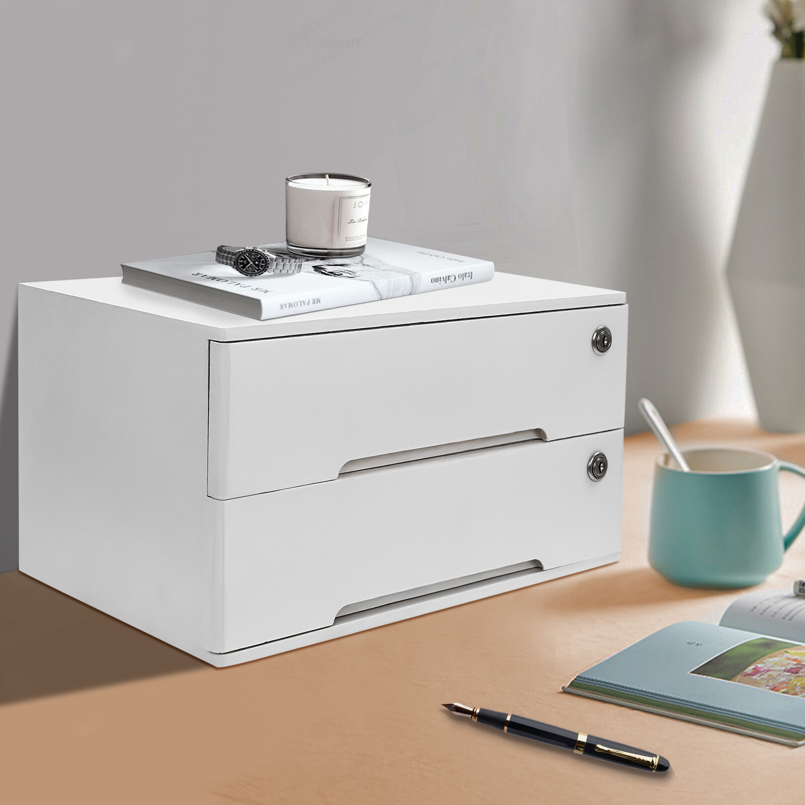 Compact Lockable 2-Drawer Wooden Desktop Storage Cabinet with Keys