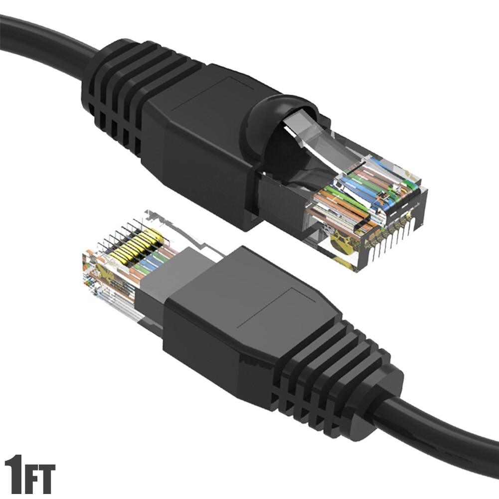 1FT Cat6A RJ45 Network LAN Ethernet UTP Patch Cable Cord Gold Copper Wire Black