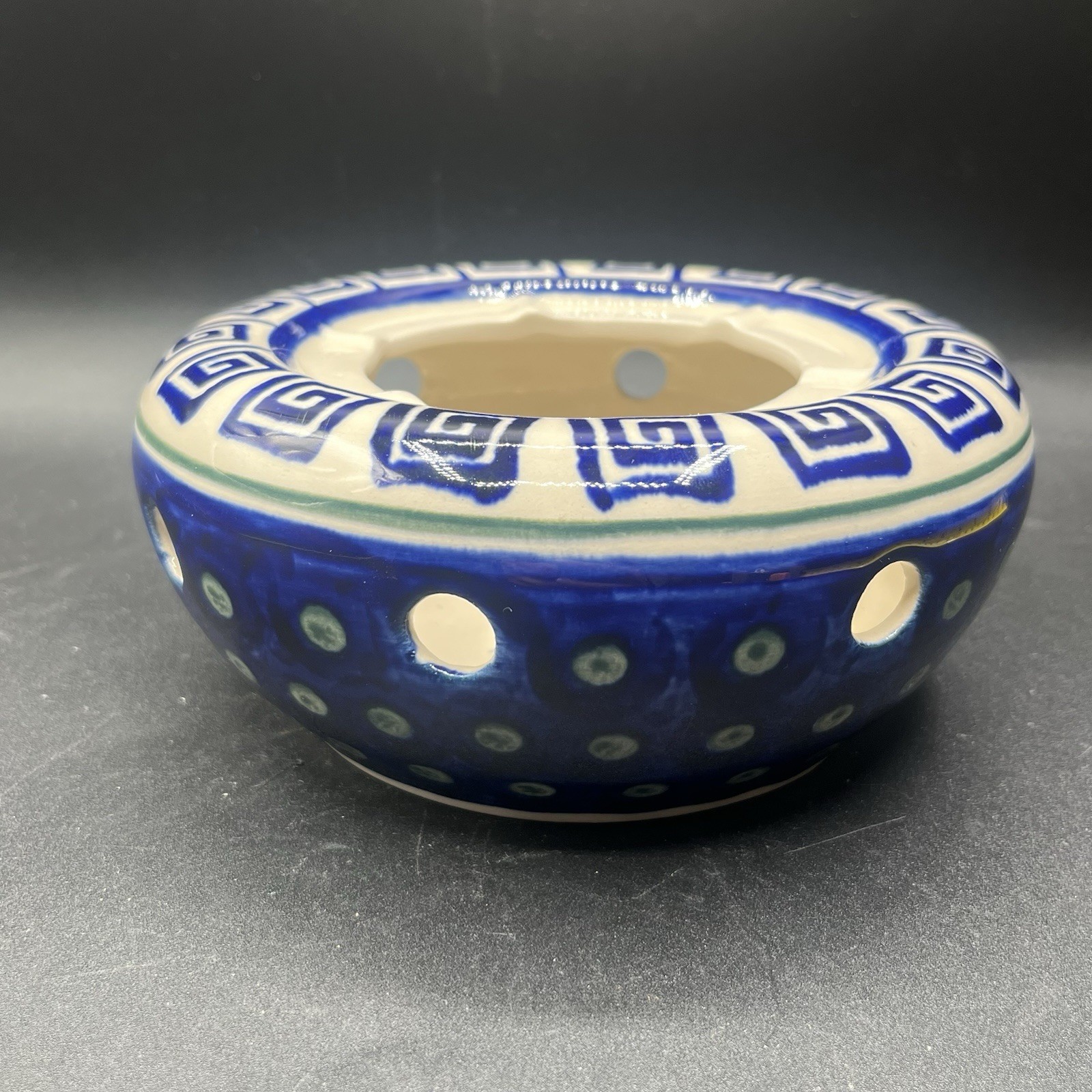 Polish Pottery Heater 7" Blue Geometric Design Green Dots