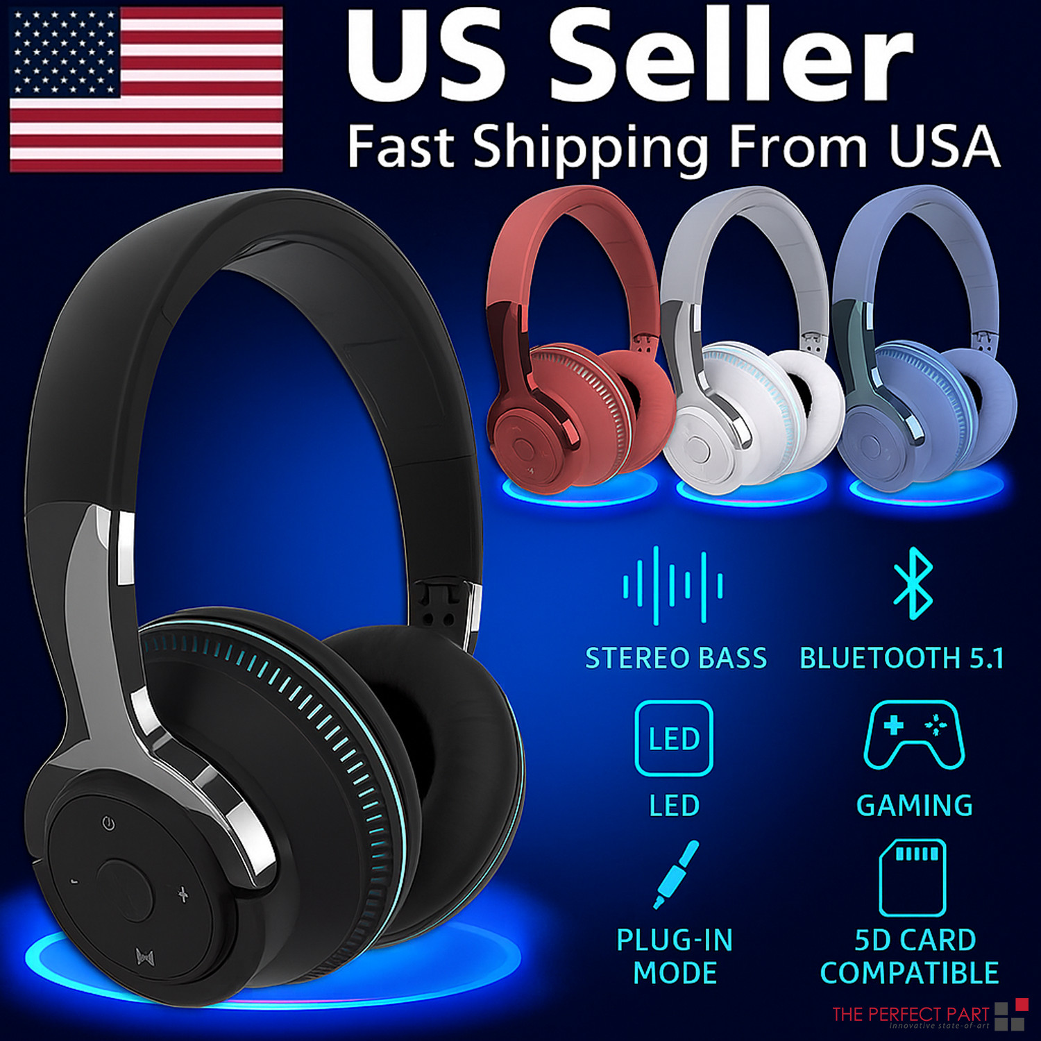 Wireless Bluetooth 5.1 Headphones Over Ear LED Headset Stereo Noise Cancelling