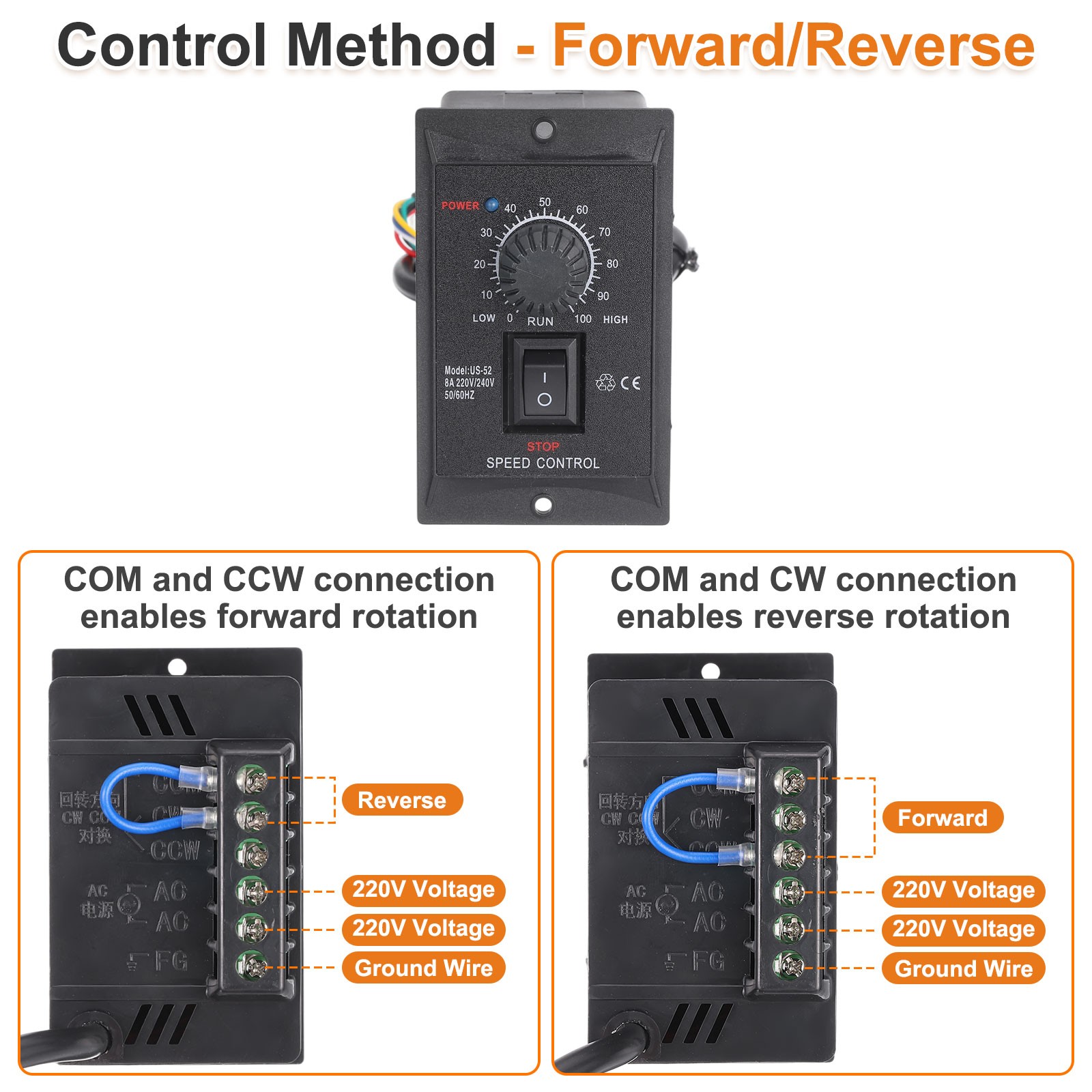 60W AC 220V Motor Speed Controller Forward Reverse w/ A Male Plug