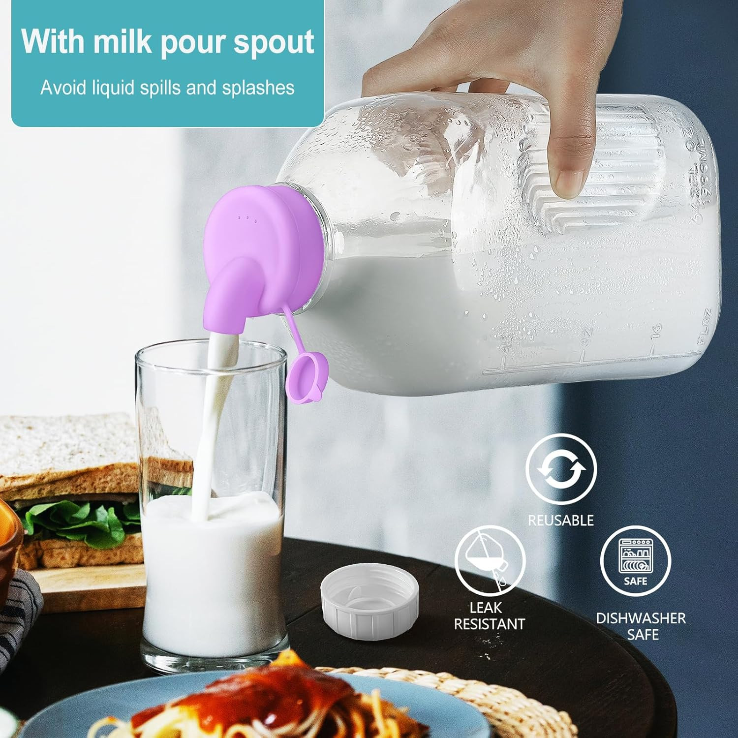 2 Pack 64 Oz Heavy Duty Glass Milk Bottle with 1 Silicone Spout and 3 Reusable A