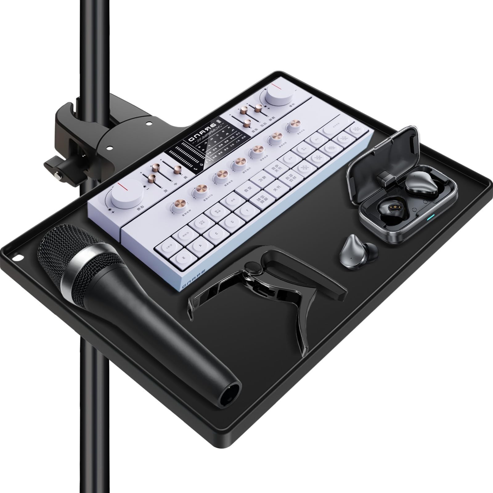 BILIONE Microphone Stand Tray with Crab Clamp, 10.6" x 7.8" Large Tray Shelf ...