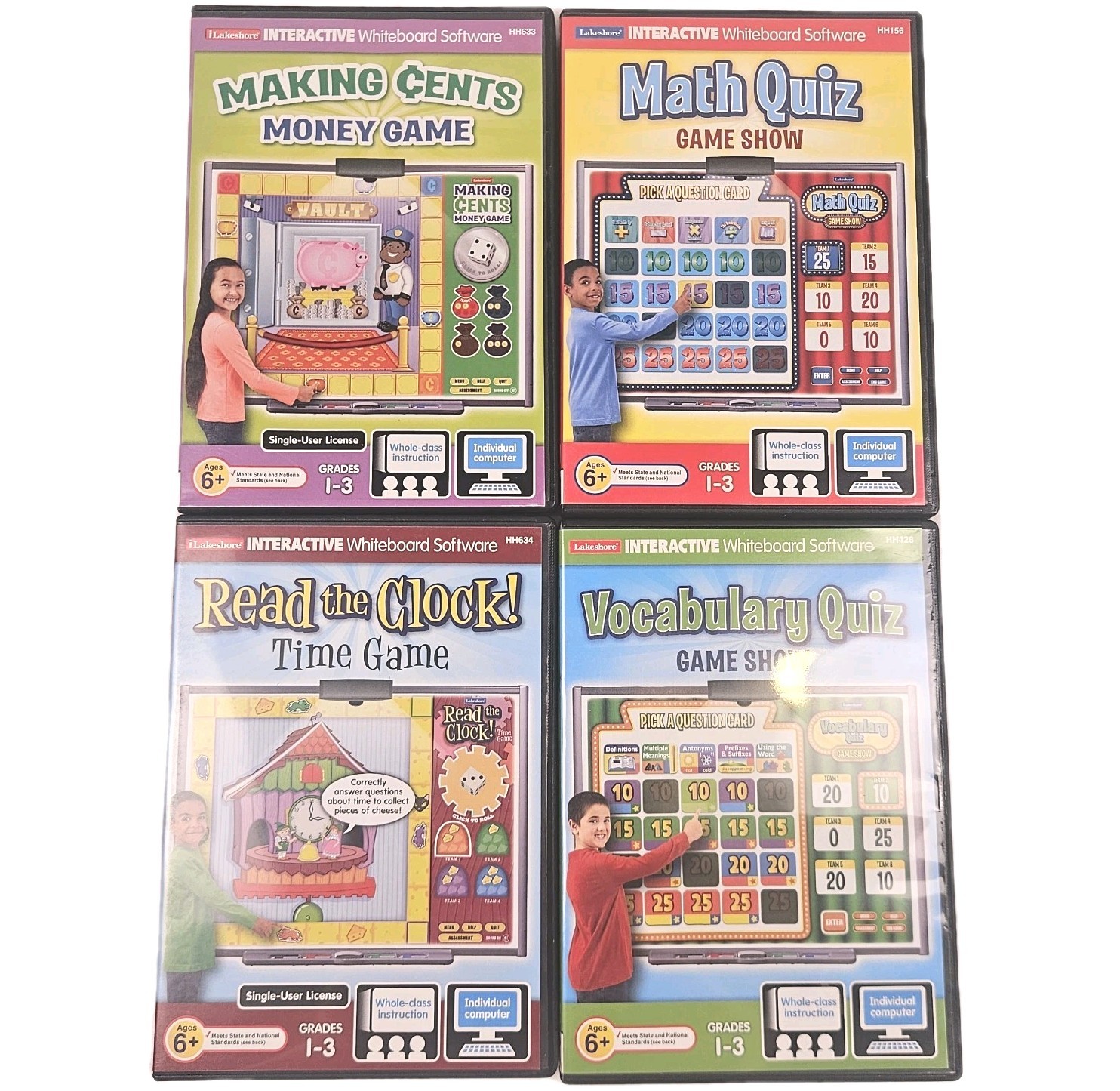 Lot of 4 Lakeshore Interactive Whiteboard Software Grades 1-3 Math Vocab Money