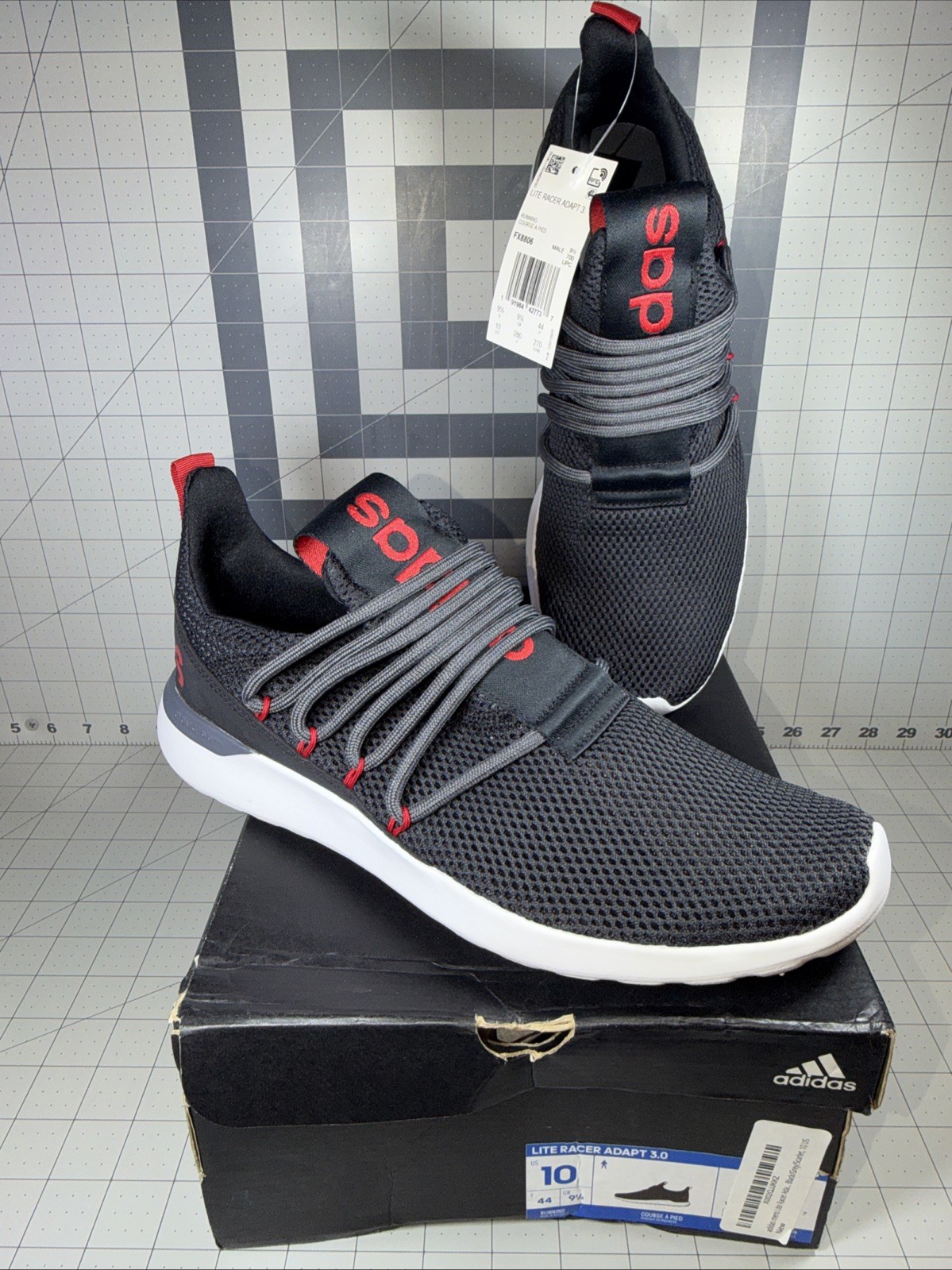 adidas Men's Lite Racer Adapt 3.0 Running Shoes Black Gray Scarlet Sz10 New