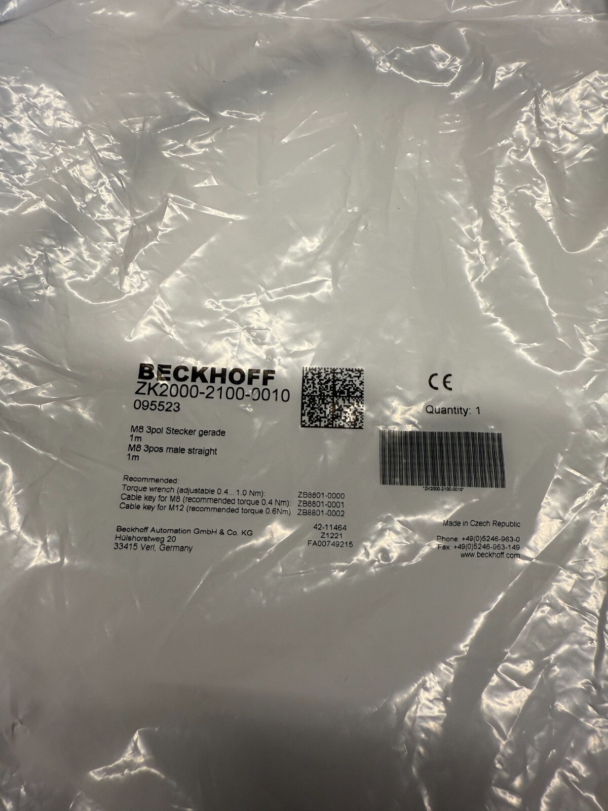 BECKHOFF ZK2000-2100-0010 Sensor Cable New