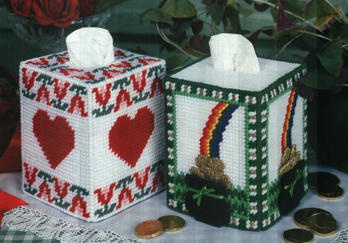 FOR LOVE & LUCK TISSUE COVERS POT OF GOLD PLASTIC CANVAS PATTERN INSTRUCTIONS