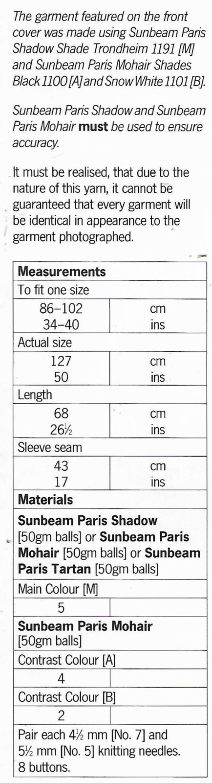 SUNBEAM 1454: ZIG-ZAG JACKET SIZE 86-102cm -34-40" SEWING PATTERN