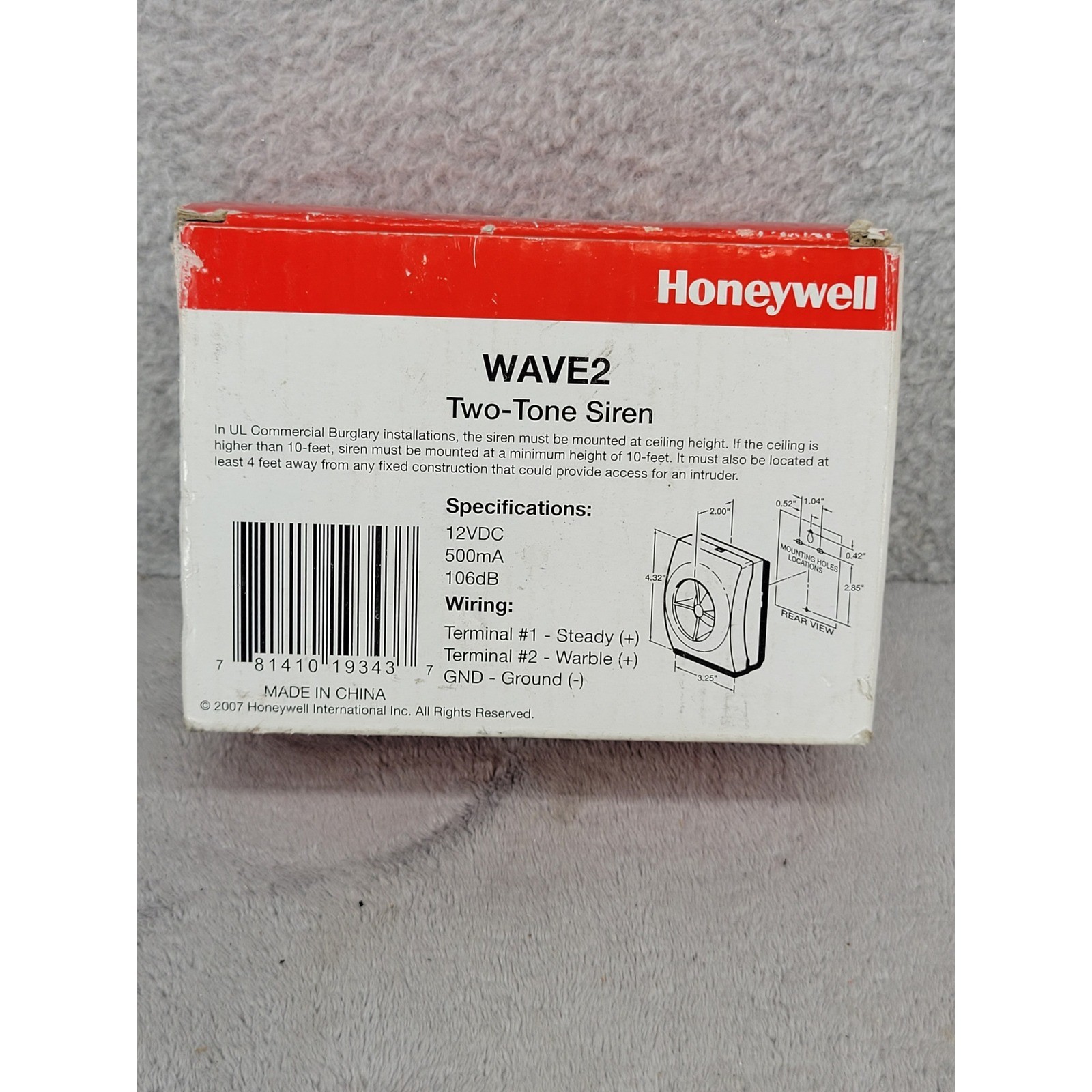 Honeywell WAVE2 Two-Tone Indoor Siren 12VDC 106dB Security Alarm White
