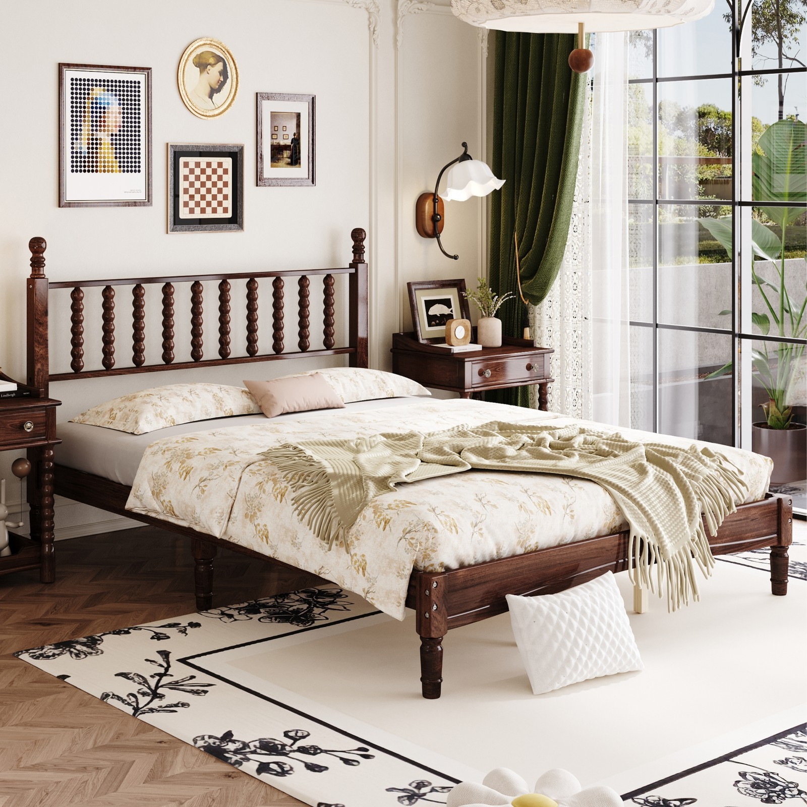 Walnut Queen Size Wood Platform Bed Gourd Shaped Headboard Retro Style Platform