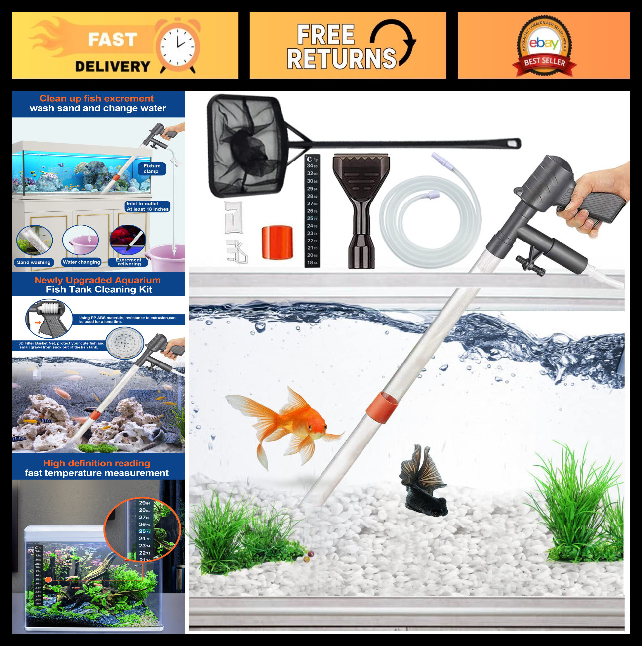 Aquarium Gravel Cleaner Vacuum Tool - Fish Tank Water Changer & Thermometer Kit