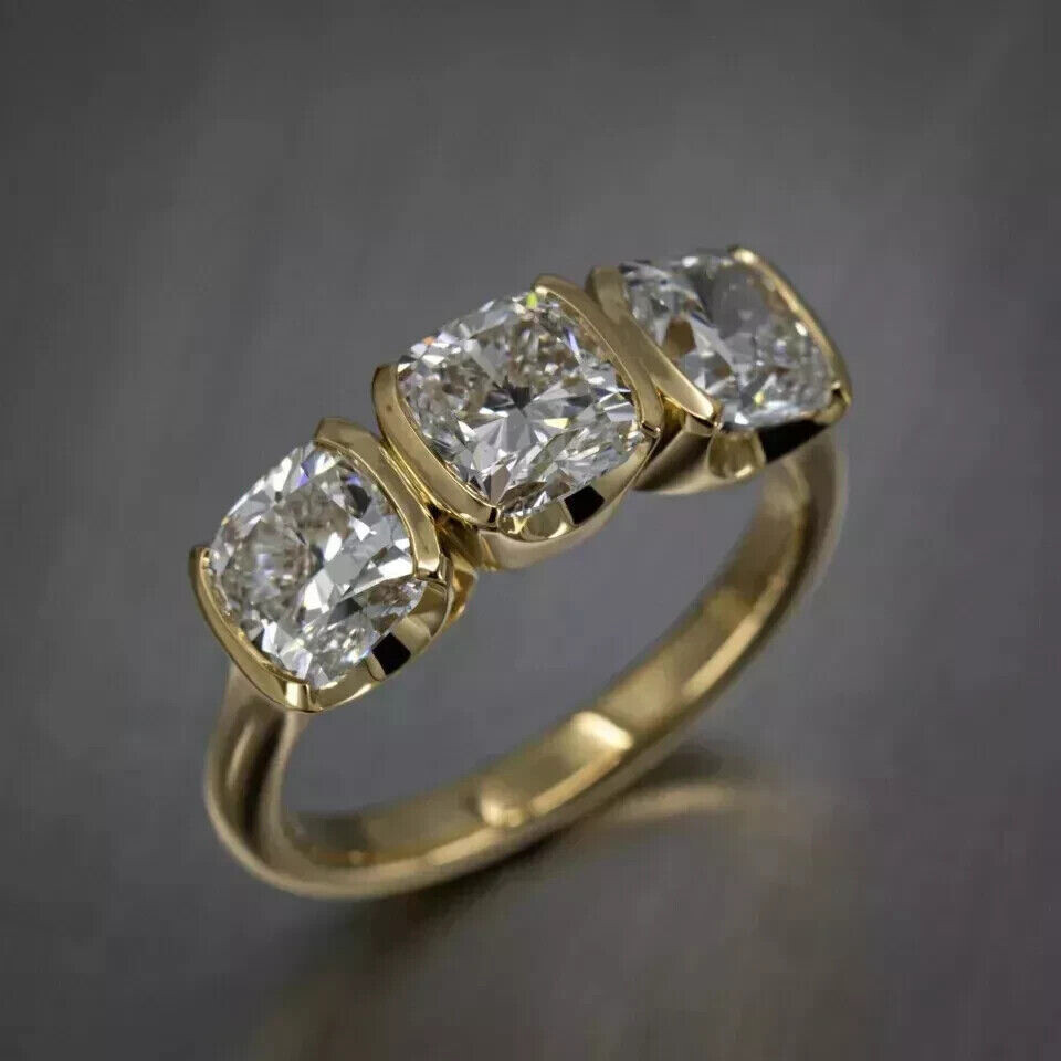 Three Stone Half Bezel Set Ring 14K Yellow Gold Over 2.2 Ct Simulated Diamond