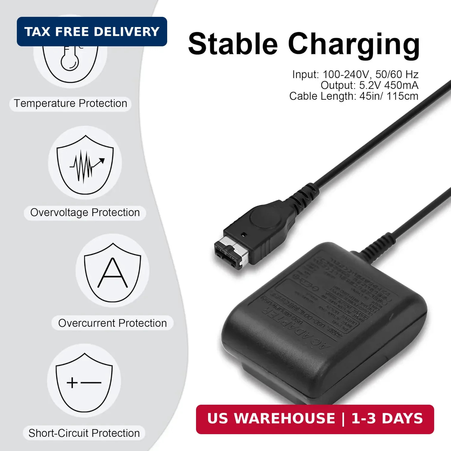 Replacement for Gameboy Advance SP Charger, AC Power Adapter & USB Charging Cabl