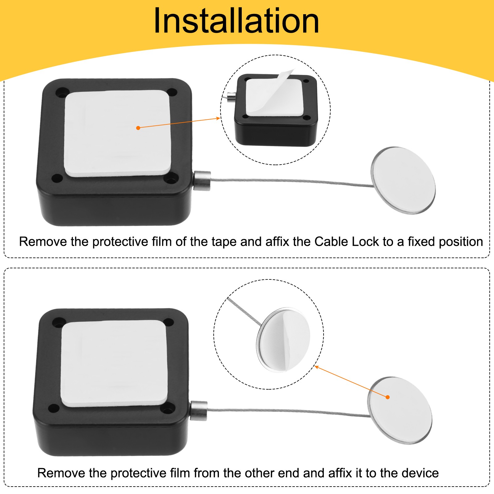 3.3 ft Retractable Cable Security Lock with Round Patch 600g, Black, 4 Pack