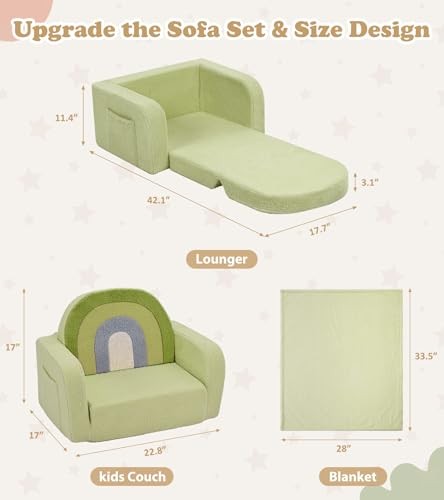 Kids Couch, 2-in-1 Soft Toddler Couch Fold Out with Medium Green Rainbow