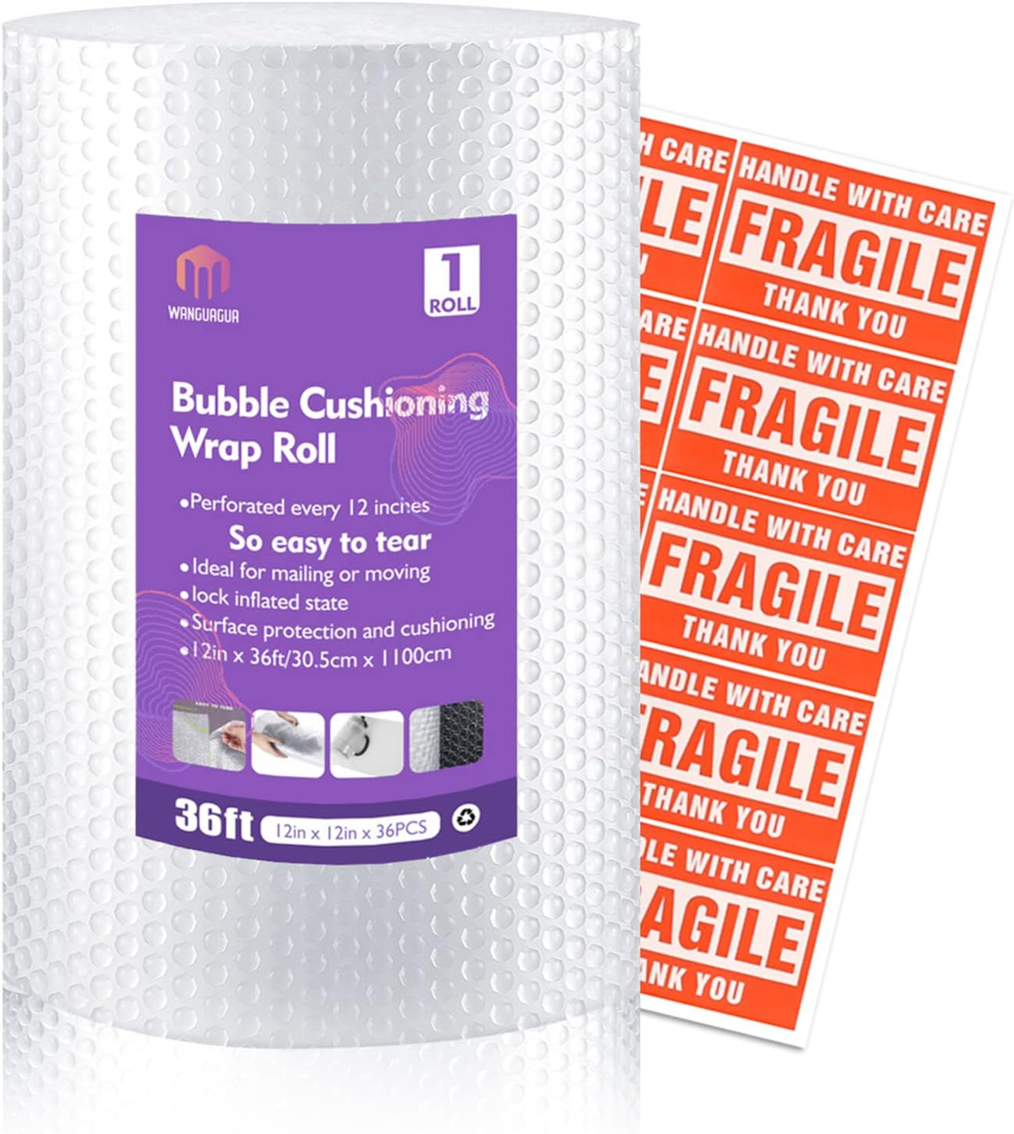 Bubble Wrap Roll 12 Inch x 36 Feet Perforated Nylon Packing Cushioning for