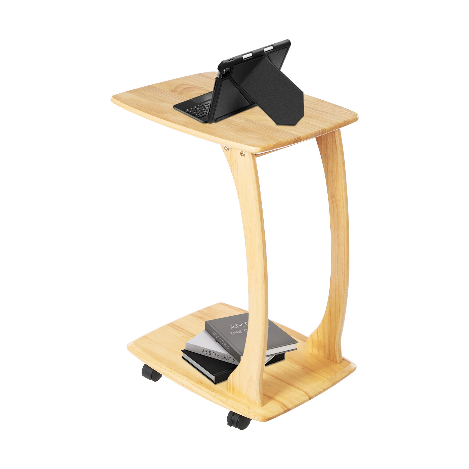 C-Shaped Side Table Floor Standing Solid Wood End Table With Wheels 24.8 inches