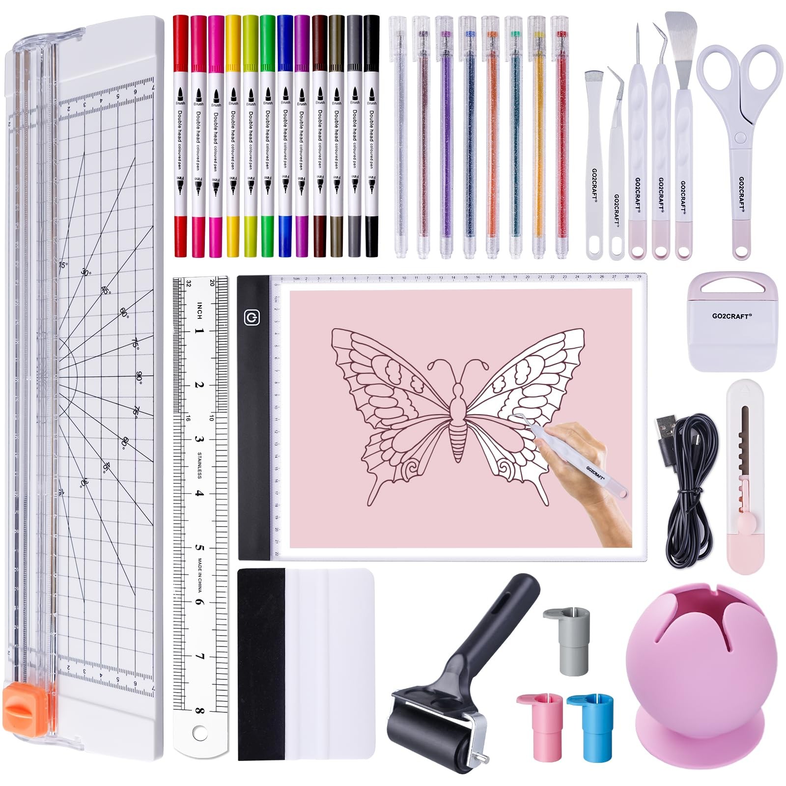 GO2CRAFT 37Pcs Essential Tool Set, Ultimate with 7Pcs Weeding Tools Pink