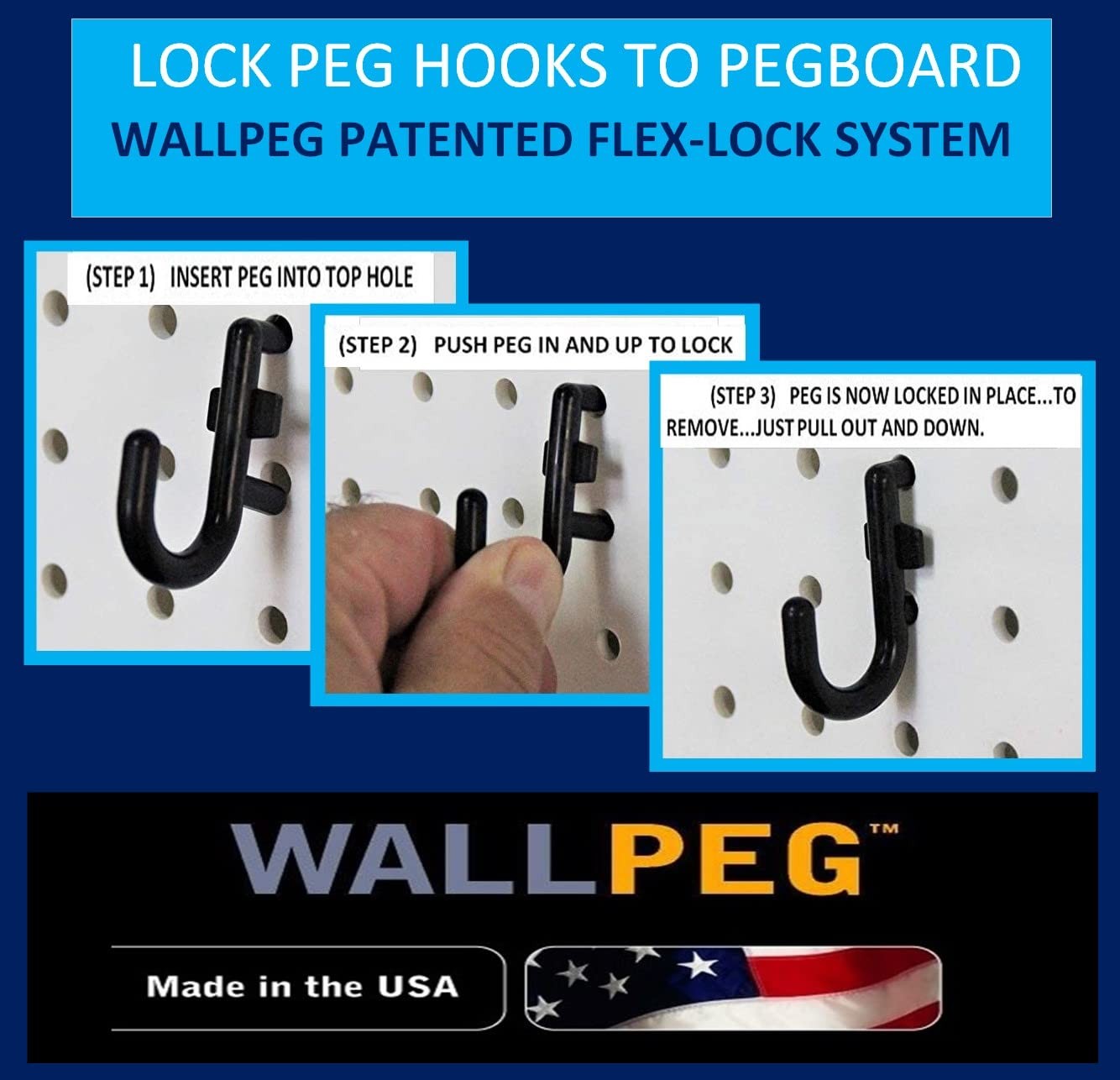 100Pcs Pegboard Accessory Peg Hook Set – Durable, Self-Locking Black 1/4" J-S...