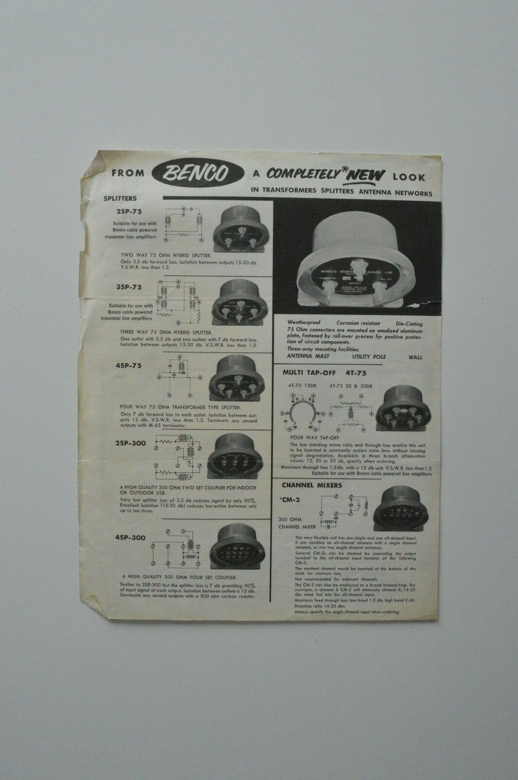 BENCO Television Transformers Splitters Antenna Networks sheet brochure 1956?