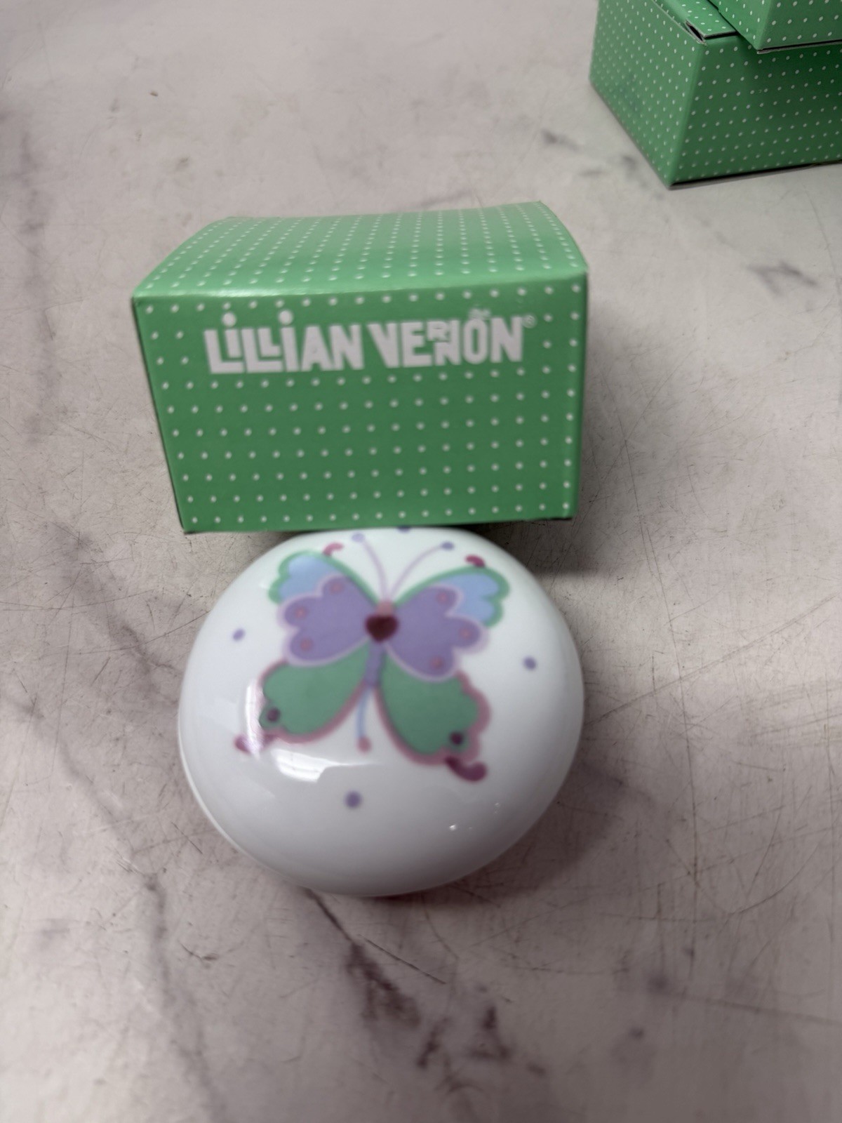 Lillian Vernon Porcelain Butterfly Trinket Box 1989 w Original Box Green