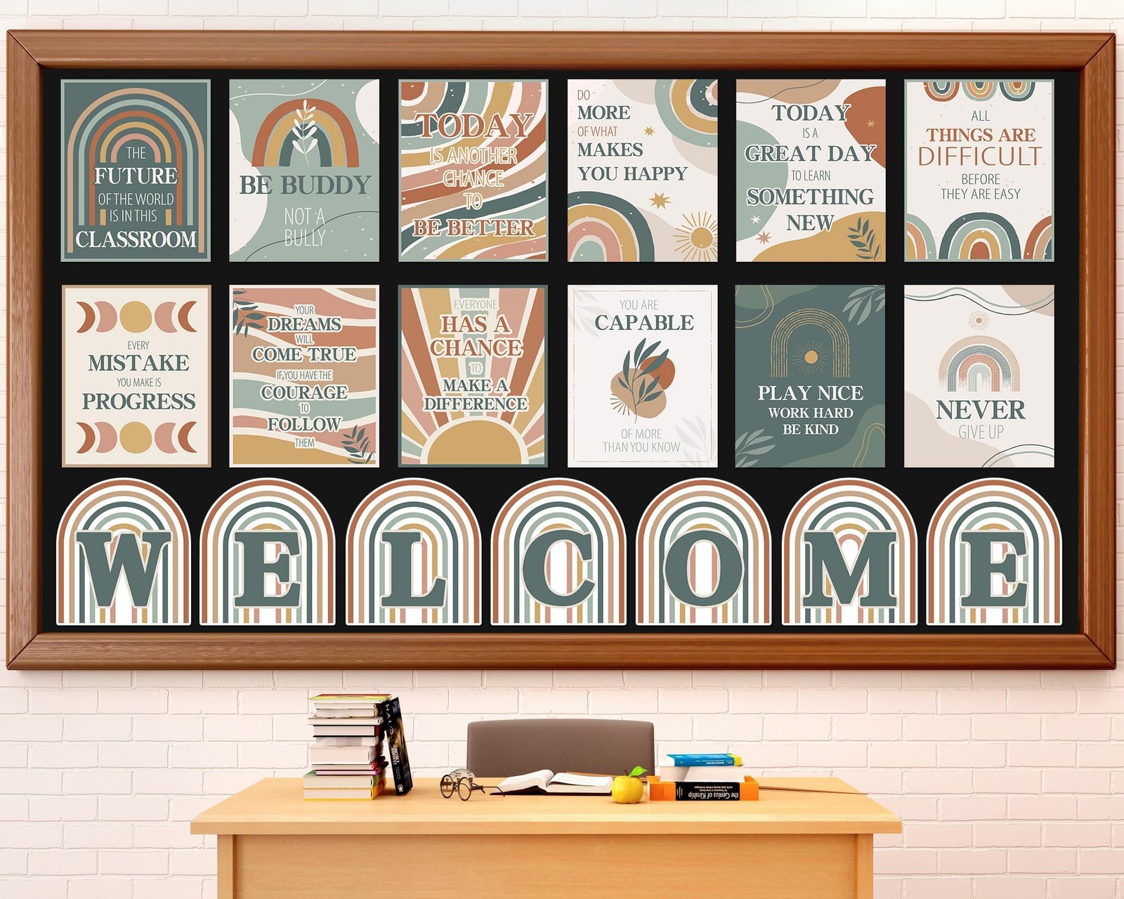 19pcs Boho Welcome Classroom Posters Rainbow Bulletin Board Decoration Motiva...