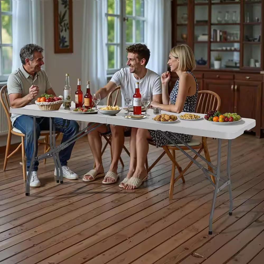 Folding Table, 8 Ft. Heavy Duty Portable Fold-In-Half Plastic Rectangle Table wi