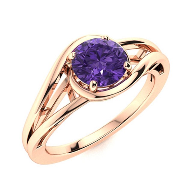 Solitaire 5MM Round Amethyst 925 Sterling Silver Rose Plated Split Shank Ring
