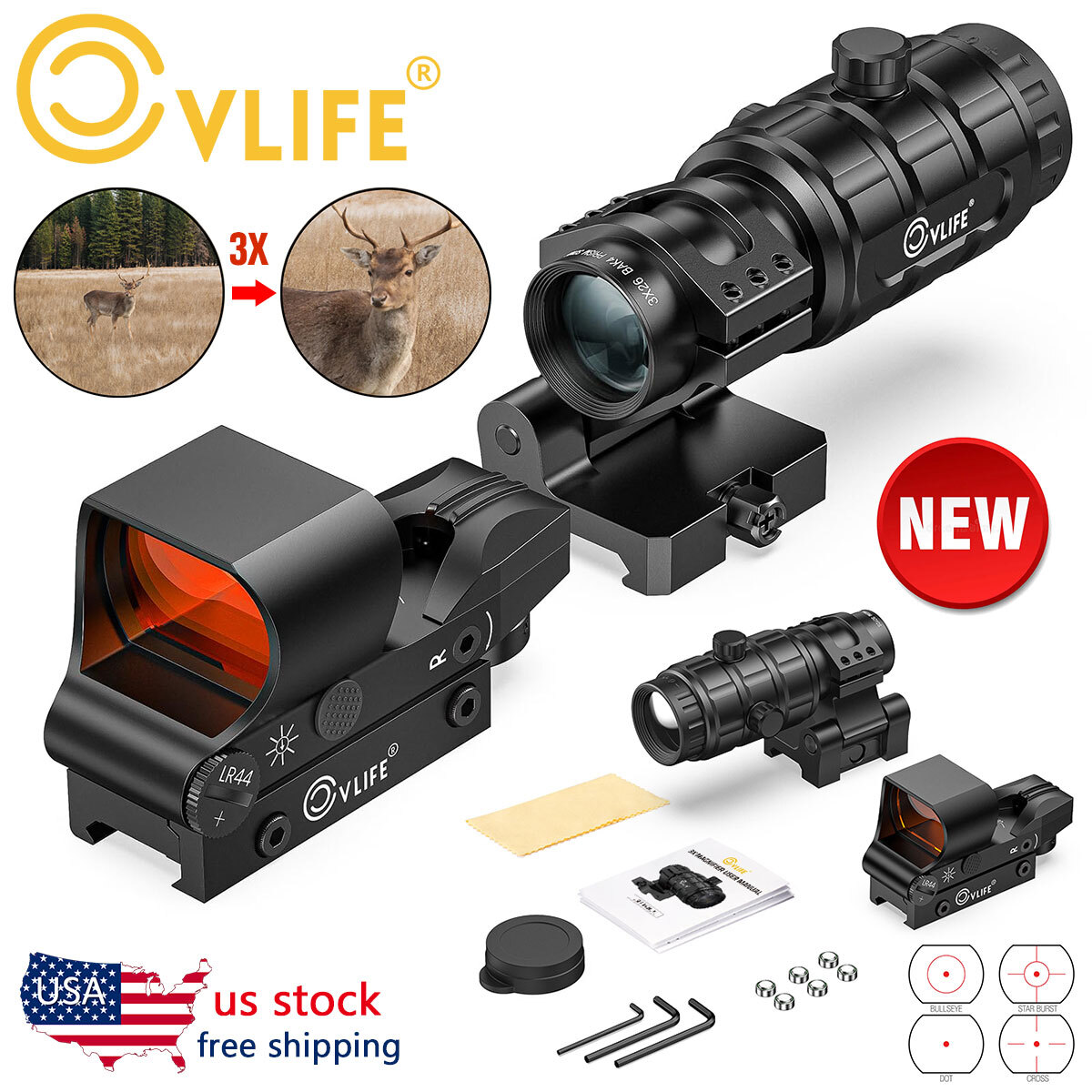 CVLIFE EagleFeather S02 Holographic Red Dot Sight with 3X Magnifier for Hunting